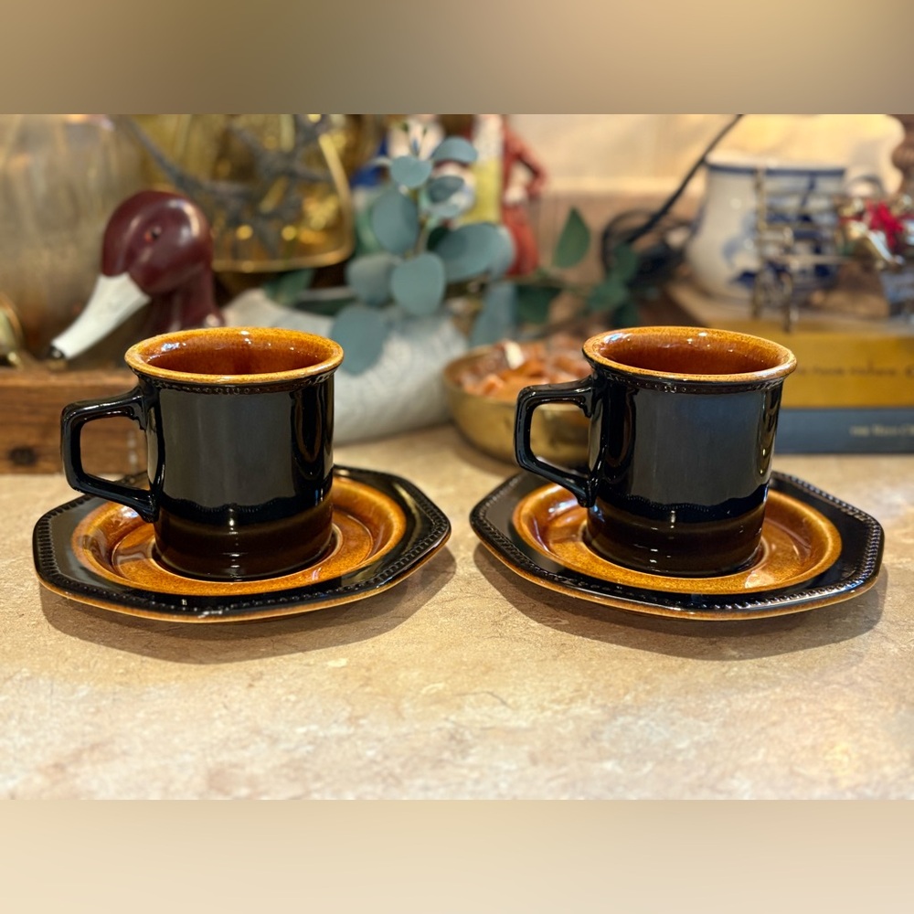 Vintage Sears Ironstone Octagon Amber Black and Brown Coffee Cup Set of 2